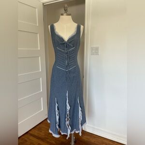 Blue Lace-Trim Maxi Dress with Corset Bodice